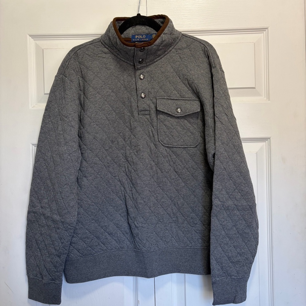 Ralph Lauren Navy Quilted Pullover with Brown Trim